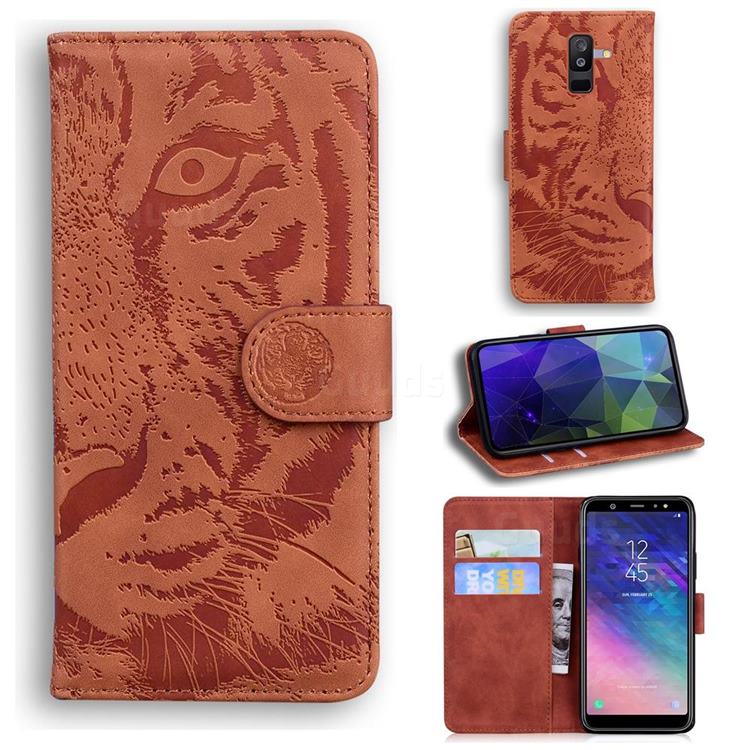 Intricate Embossing Tiger Face Leather Wallet Case for Samsung Galaxy A6 Plus (2018) - Brown