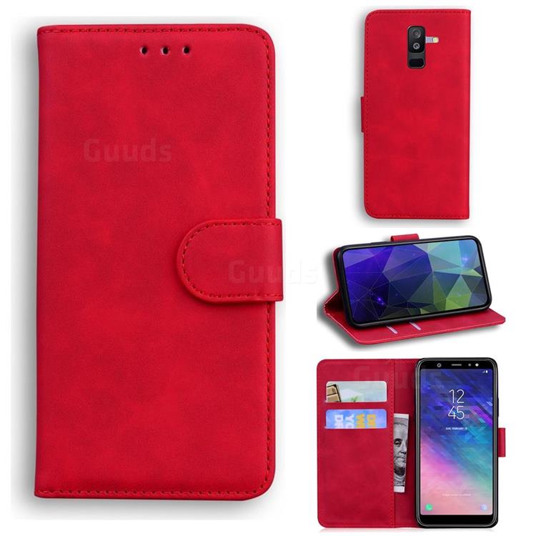 Retro Classic Skin Feel Leather Wallet Phone Case for Samsung Galaxy A6 Plus (2018) - Red