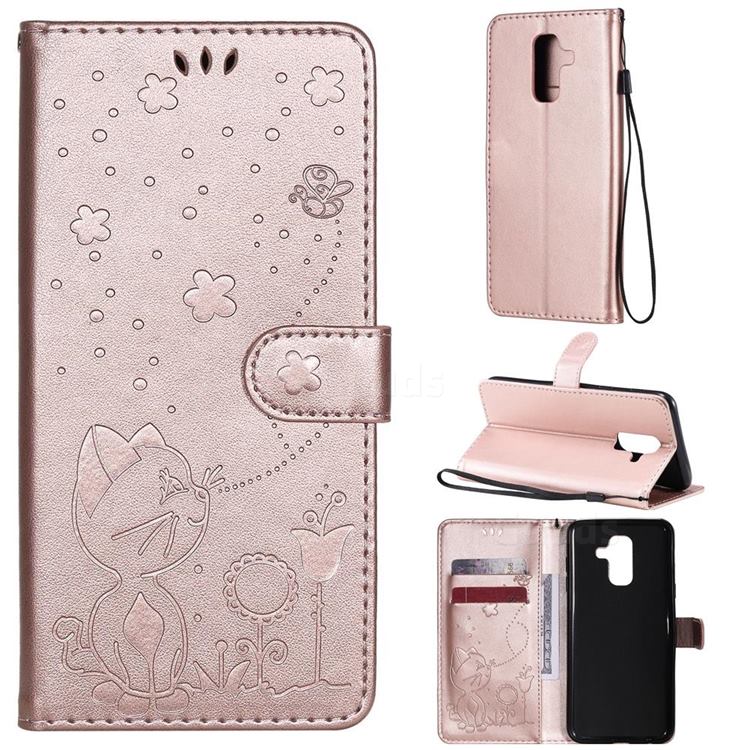 Embossing Bee and Cat Leather Wallet Case for Samsung Galaxy A6 Plus (2018) - Rose Gold