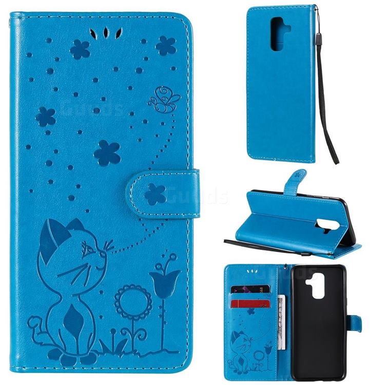 Embossing Bee and Cat Leather Wallet Case for Samsung Galaxy A6 Plus (2018) - Blue
