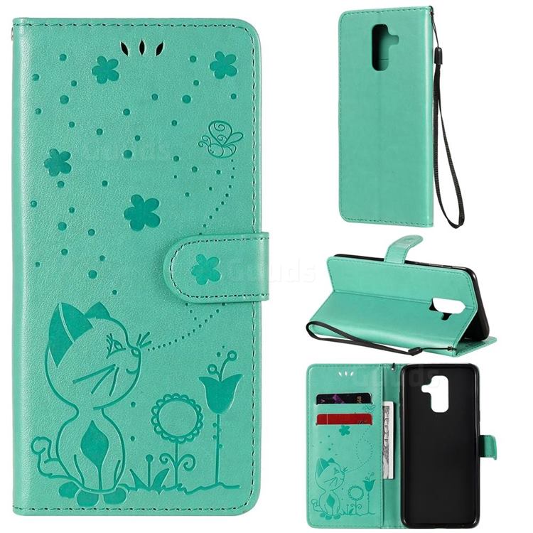 Embossing Bee and Cat Leather Wallet Case for Samsung Galaxy A6 Plus (2018) - Green