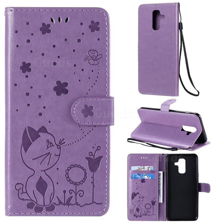 Embossing Bee and Cat Leather Wallet Case for Samsung Galaxy A6 Plus (2018) - Purple