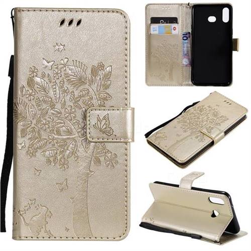 Embossing Butterfly Tree Leather Wallet Case for Samsung Galaxy A6s - Champagne