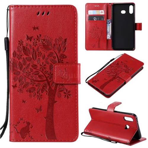 Embossing Butterfly Tree Leather Wallet Case for Samsung Galaxy A6s - Red