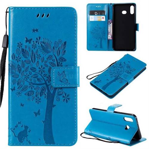Embossing Butterfly Tree Leather Wallet Case for Samsung Galaxy A6s - Blue