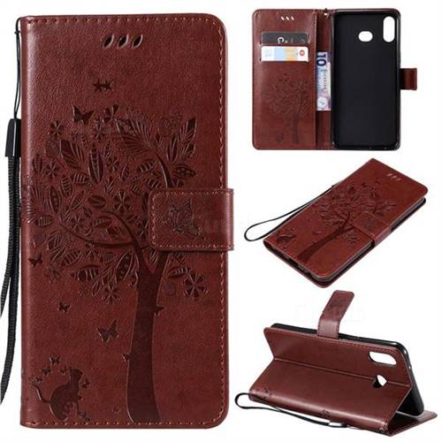 Embossing Butterfly Tree Leather Wallet Case for Samsung Galaxy A6s - Coffee