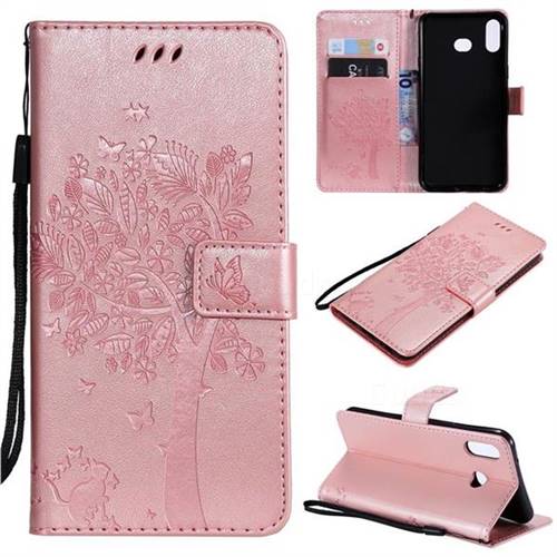 Embossing Butterfly Tree Leather Wallet Case for Samsung Galaxy A6s - Rose Pink