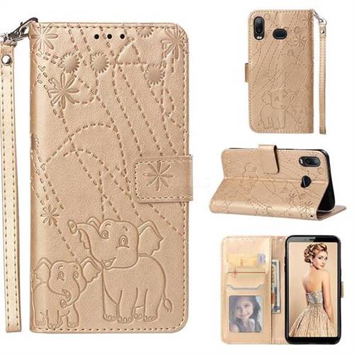 Embossing Fireworks Elephant Leather Wallet Case for Samsung Galaxy A6s - Golden