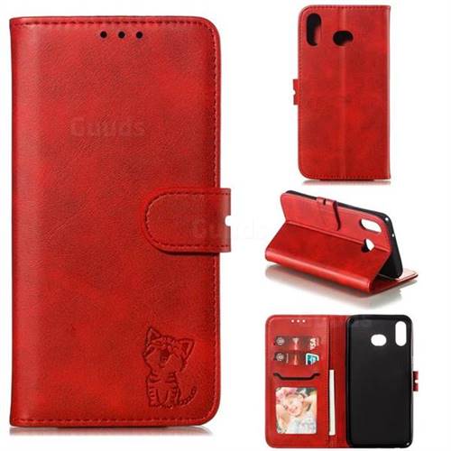 Embossing Happy Cat Leather Wallet Case for Samsung Galaxy A6s - Red