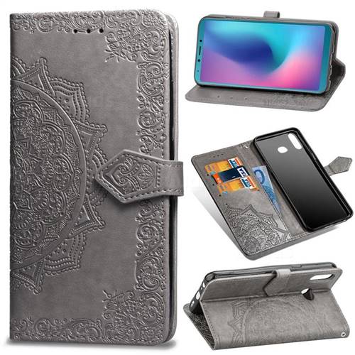 Embossing Imprint Mandala Flower Leather Wallet Case for Samsung Galaxy A6s - Gray