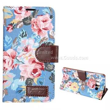 Fashion Flowers Cloth Leather Case for Samsung Galaxy A7 A700 - Blue