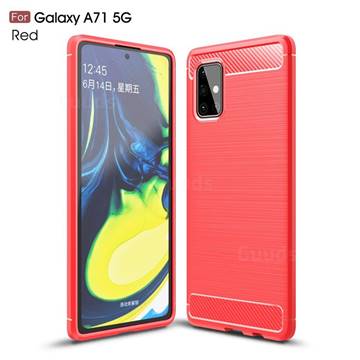 Luxury Carbon Fiber Brushed Wire Drawing Silicone TPU Back Cover for Samsung Galaxy A71 5G - Red
