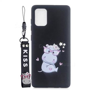 Black Flower Hippo Soft Kiss Candy Hand Strap Silicone Case for Samsung Galaxy A71 5G