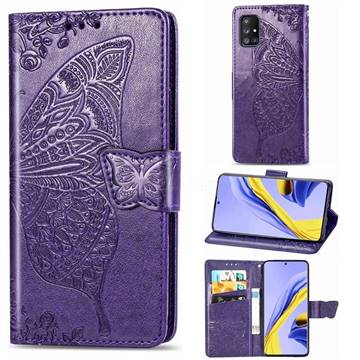 Embossing Mandala Flower Butterfly Leather Wallet Case for Samsung Galaxy A71 5G - Dark Purple