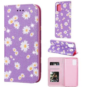 Ultra Slim Daisy Sparkle Glitter Powder Magnetic Leather Wallet Case for Samsung Galaxy A71 5G - Purple