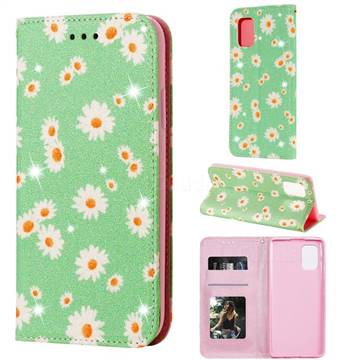 Ultra Slim Daisy Sparkle Glitter Powder Magnetic Leather Wallet Case for Samsung Galaxy A71 5G - Green