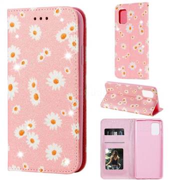 Ultra Slim Daisy Sparkle Glitter Powder Magnetic Leather Wallet Case for Samsung Galaxy A71 5G - Pink
