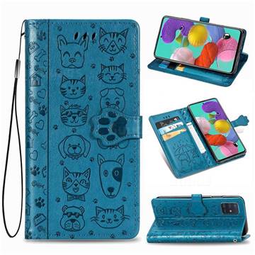 Embossing Dog Paw Kitten and Puppy Leather Wallet Case for Samsung Galaxy A71 5G - Blue