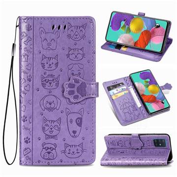 Embossing Dog Paw Kitten and Puppy Leather Wallet Case for Samsung Galaxy A71 5G - Purple