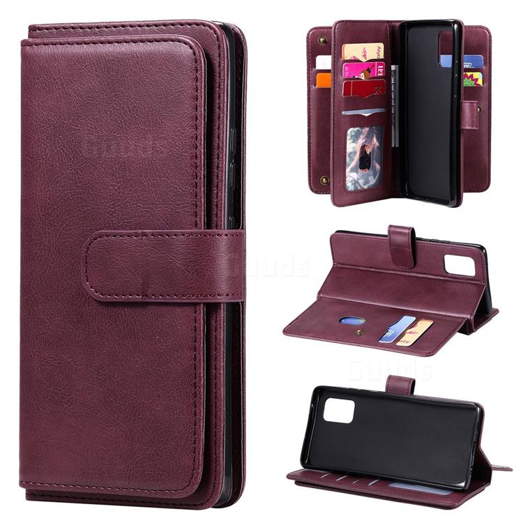 Multi-function Ten Card Slots and Photo Frame PU Leather Wallet Phone Case Cover for Samsung Galaxy A71 5G - Claret