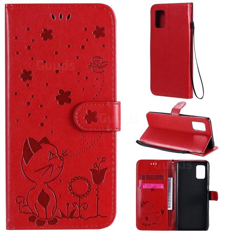 Embossing Bee and Cat Leather Wallet Case for Samsung Galaxy A71 5G - Red