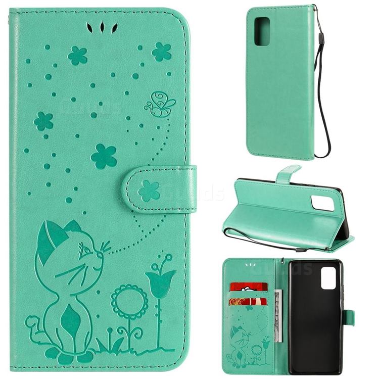 Embossing Bee and Cat Leather Wallet Case for Samsung Galaxy A71 5G - Green