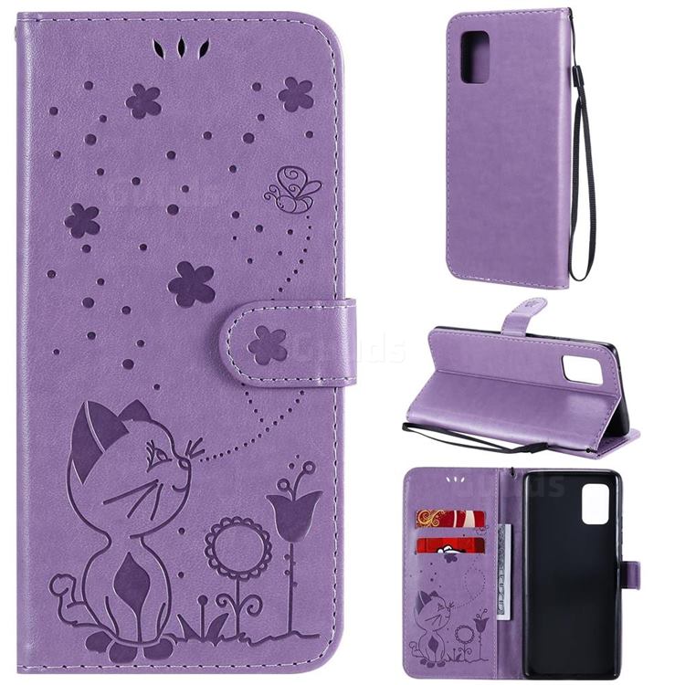 Embossing Bee and Cat Leather Wallet Case for Samsung Galaxy A71 5G - Purple