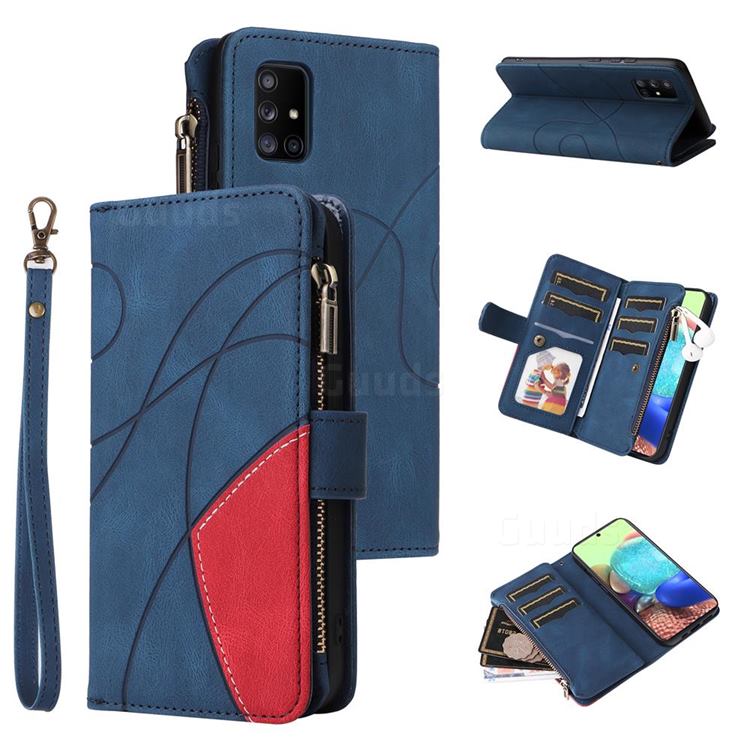 Luxury Two-color Stitching Multi-function Zipper Leather Wallet Case Cover for Samsung Galaxy A71 5G - Blue