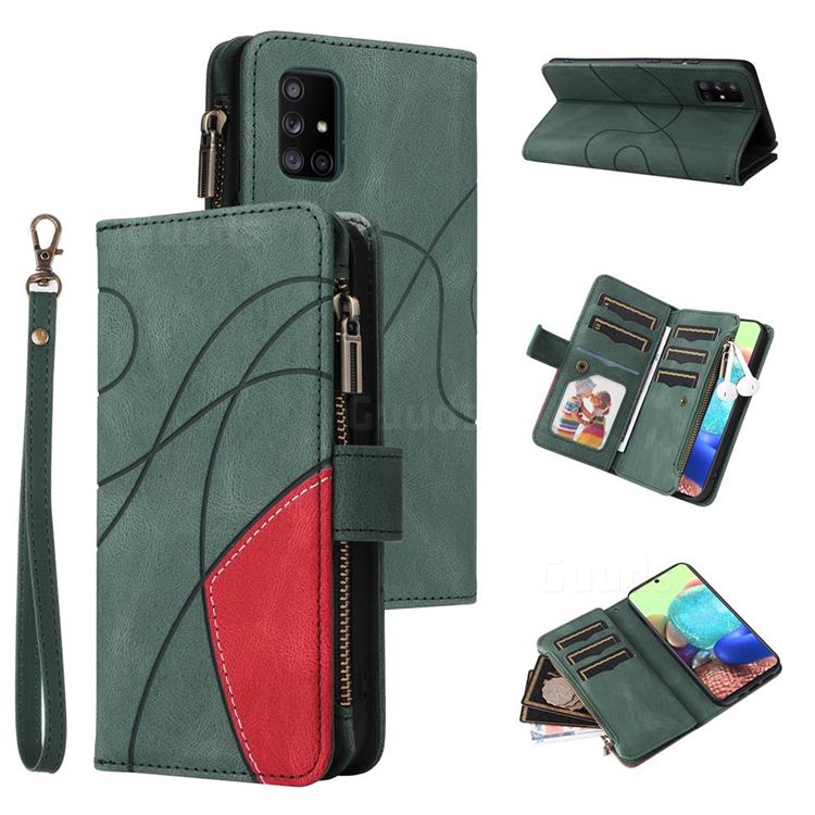 Luxury Two-color Stitching Multi-function Zipper Leather Wallet Case Cover for Samsung Galaxy A71 5G - Green