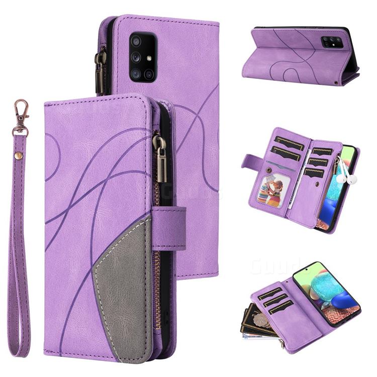 Luxury Two-color Stitching Multi-function Zipper Leather Wallet Case Cover for Samsung Galaxy A71 5G - Purple
