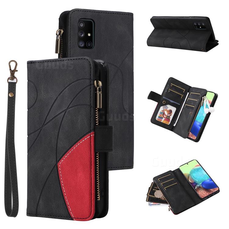 Luxury Two-color Stitching Multi-function Zipper Leather Wallet Case Cover for Samsung Galaxy A71 5G - Black