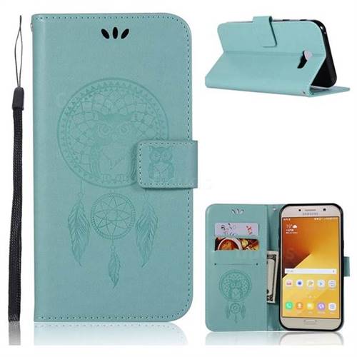 Intricate Embossing Owl Campanula Leather Wallet Case for Samsung Galaxy A7 2017 A720 - Green