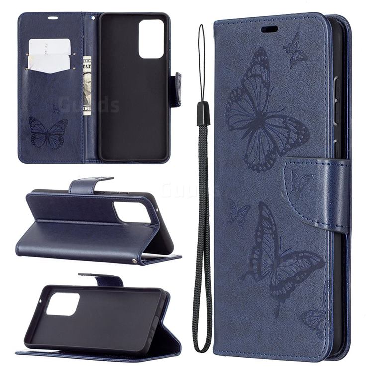 Embossing Double Butterfly Leather Wallet Case for Samsung Galaxy A72 5G - Dark Blue