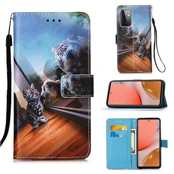 Mirror Cat Matte Leather Wallet Phone Case for Samsung Galaxy A72 5G