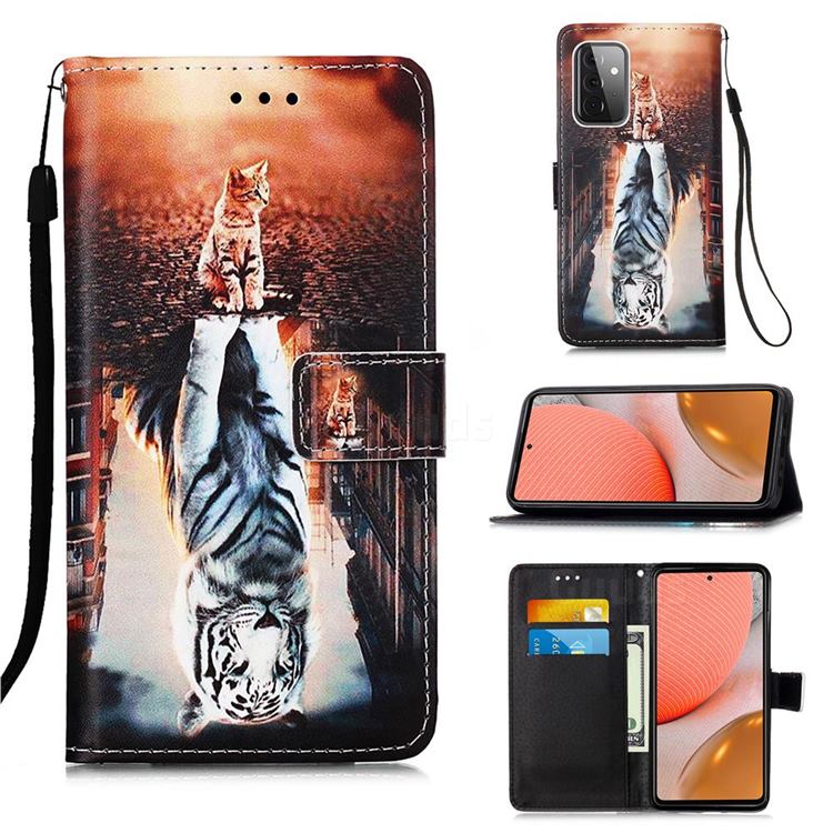 Cat and Tiger Matte Leather Wallet Phone Case for Samsung Galaxy A72 5G