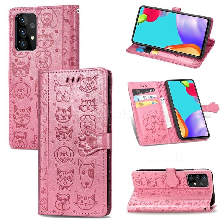 Embossing Dog Paw Kitten and Puppy Leather Wallet Case for Samsung Galaxy A72 5G - Pink