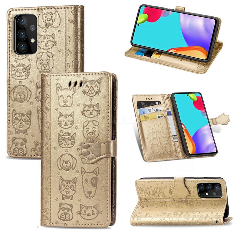 Embossing Dog Paw Kitten and Puppy Leather Wallet Case for Samsung Galaxy A72 5G - Champagne Gold