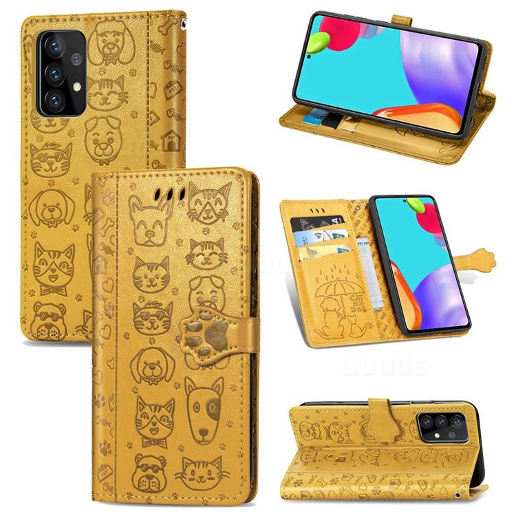 Embossing Dog Paw Kitten and Puppy Leather Wallet Case for Samsung Galaxy A72 5G - Yellow