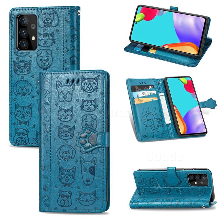 Embossing Dog Paw Kitten and Puppy Leather Wallet Case for Samsung Galaxy A72 5G - Blue