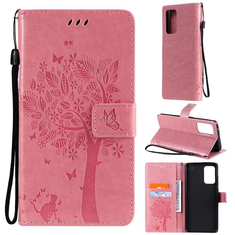 Embossing Butterfly Tree Leather Wallet Case for Samsung Galaxy A72 (4G, 5G) - Pink