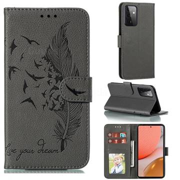 Intricate Embossing Lychee Feather Bird Leather Wallet Case for Samsung Galaxy A72 (4G, 5G) - Gray