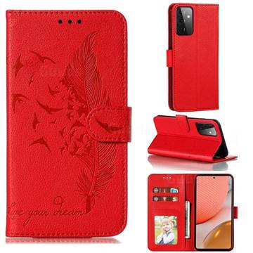 Intricate Embossing Lychee Feather Bird Leather Wallet Case for Samsung Galaxy A72 (4G, 5G) - Red