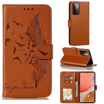 Intricate Embossing Lychee Feather Bird Leather Wallet Case for Samsung Galaxy A72 (4G, 5G) - Brown
