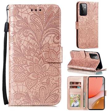 Intricate Embossing Lace Jasmine Flower Leather Wallet Case for Samsung Galaxy A72 (4G, 5G) - Rose Gold
