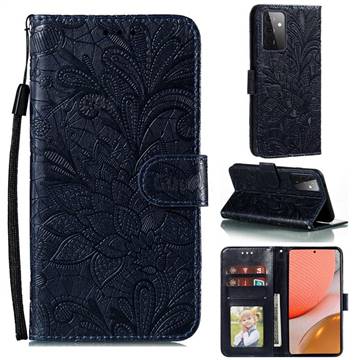 Intricate Embossing Lace Jasmine Flower Leather Wallet Case for Samsung Galaxy A72 (4G, 5G) - Dark Blue