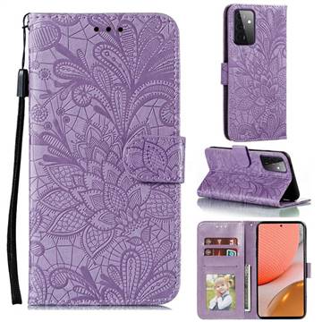 Intricate Embossing Lace Jasmine Flower Leather Wallet Case for Samsung Galaxy A72 (4G, 5G) - Purple