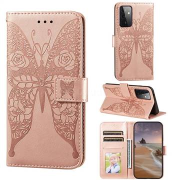Intricate Embossing Rose Flower Butterfly Leather Wallet Case for Samsung Galaxy A72 (4G, 5G) - Rose Gold
