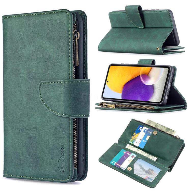 Binfen Color BF02 Sensory Buckle Zipper Multifunction Leather Phone Wallet for Samsung Galaxy A72 (4G, 5G) - Dark Green