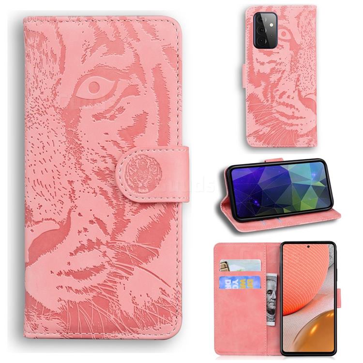 Intricate Embossing Tiger Face Leather Wallet Case for Samsung Galaxy A72 (4G, 5G) - Pink