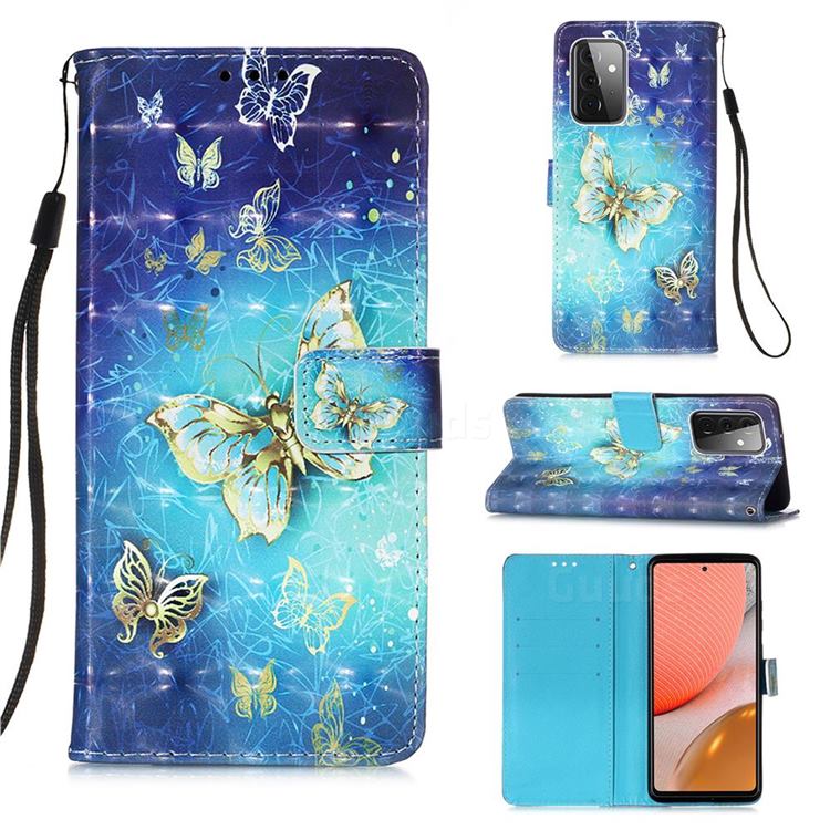 Gold Butterfly 3D Painted Leather Wallet Case for Samsung Galaxy A72 (4G, 5G)